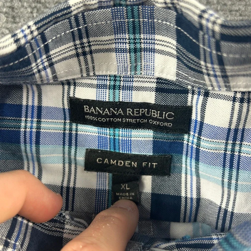 Banana‎ Republic Shirt Mens XL Blue Plaid Camden Fit Stretch Oxford Button Down